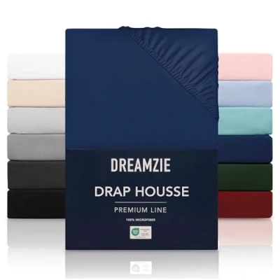 Image de Dreamzie Drap housse pour matelas de jusqu&#039;à 30 cm d&#039;épaisseur, 100 % microfibre polyester, bleu foncé, certifié sans produits chimiques (Oeko Tex) 90 x 200