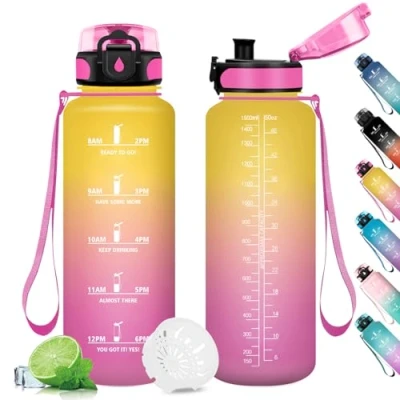 Afbeelding van Gourde de sport 1,5 l avec filtre, bouteille d&#039;eau pour le sport, anti fuite, marqueur temps, convient les boissons gazeuses, fitness, la gym, l&#039;école, l&#039;extérieur, yoga