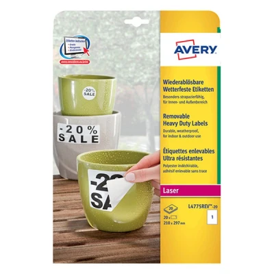 Image de Avery boite de 20 etiquettes amovibles ultra résistante impression laser 210 x 297 mm blanc l4775rev