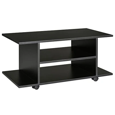 Afbeelding van HOMCOM Mobiele tv kast salontafel met wielen van hout, zwart