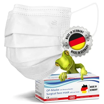 Image de kela, 50x Masques blanc chirurgicaux Médical Fabriqués EN Allemagne Conforme à DIN 14683 Type IIR BFE &gt;99,88% 3 plis Chirurgical jetable protecteur medical buccal et nasal
