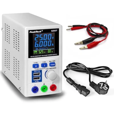 Afbeelding van PeakTech P 6227 DC Labor voeding 0 60 V / 6 a met gekleurd LCD scherm, laboratoriumvoeding incl. 2x USB poort, instelbare uitgangsspanning, bedrijfsspanning 115 240 AC 50 60Hz EN 61010 1