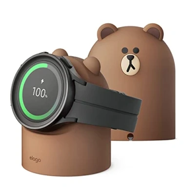 Afbeelding van elago Line Friends oplaadhouder compatibel met Samsung Galaxy Watch 7/7 Ultra, 6/6 Classic, 5/5 Pro [40/43/44/45/47 mm], nachtmodus, kabelmanagement [kabel niet inbegrepen] (bruin)