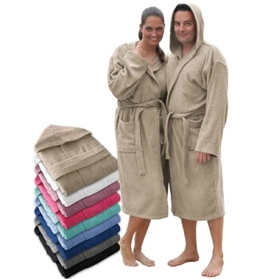 Afbeelding van LEBENGOOD Uniseks badjas met capuchon, 100% katoen, badstof, 400 g, zakken, zachte badjas, douchehanddoek voor dames, Zand
