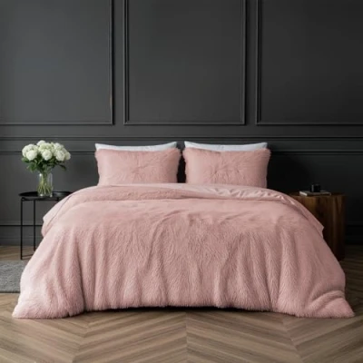 Afbeelding van Sleepdown Set luxueus beddengoed in hoogpolig imitatiebont van fleece, superzacht, onderhoudsvriendelijk, dekbedovertrek met kussenslopen, lichtroze, voor kingsize bed (220 x 230 cm)