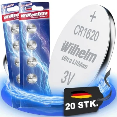 Afbeelding van Wilhelm 20 stuks CR1620 CR 1620 lithiumknoopcellen 3 V 70 mAh Ø 16 x 2 mm DL1620, 6620