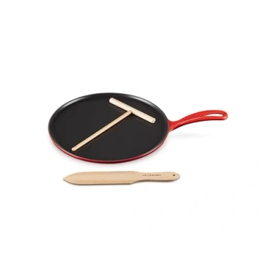 Afbeelding van Le Creuset Duurzame gietijzeren crêpepan met laag emaille die lang meegaat en ergonomische handgreep, 27 cm, kersenrood, 201362706