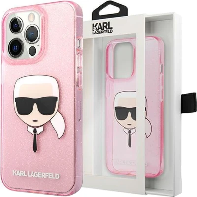 Afbeelding van Transparant Roze hoesje van Karl Lagerfeld Hardcase Backcover iPhone 13 Pro Max Glitter Karl&#039;s head