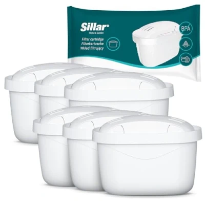 Afbeelding van Sillar 6 filterpatronen compatibel met Brita Maxtra+, Marella, Aluna, Elemaris, actieve kool en ionenwisselaars, BPA vrij, vermindert kalk chloor, voor drinkwater