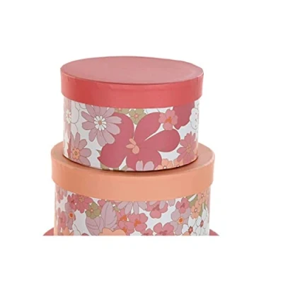 Afbeelding van Set van opstapelbare opbergboxen DKD Home Decor Blommor Strepen Fuchsia Wit Perzik Karton (37,5 x...