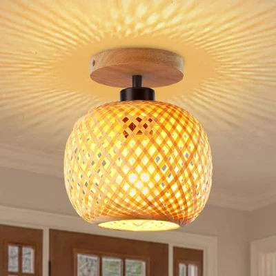 Afbeelding van Schindora Plafondlamp van bamboe, mini formaat, boho, halfinbouw, plafondlamp, handgemaakte rotanhouten lampenkap, boerderijverlichting voor slaapkamer, kinderkamer, hal, hal