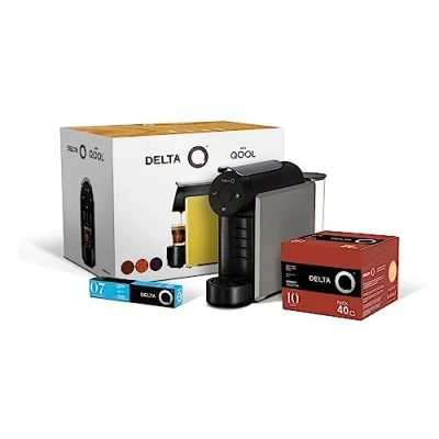 Afbeelding van Delta Cafés Q MiniQool Automatische capsulekoffiemachine met capaciteit van 7 capsules 1 x 40 Qalidus koffiecapsules + 10 DeQafeinatus capsules, grijs