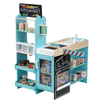 Afbeelding van Klein Toys supermarkt verstelbare poortje, lopende band, betaalautomaat met kassa en kaartlezer hout 70x55x100 cm incl. 50 dozen voor accessoires 5 papieren zakjes blauw