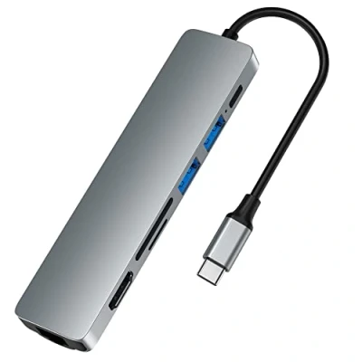 Afbeelding van Nuvance USB C Hub 3.0 7 Poorten Splitter met Ethernet naar HDMI Docking Station Laptop Micro SD Card Reader 4K Grijs