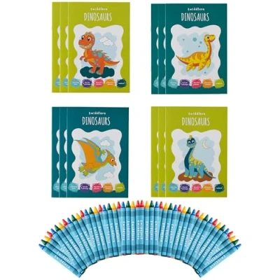Afbeelding van THE TWIDDLERS 12 Kleurboeken voor Kinderen (A5 Formaat), 48 Krijtjes &amp; Stickervellen Dinosaurussen Bruiloften, Verjaardagen, Uitdeelcadeautjes, Traktaties