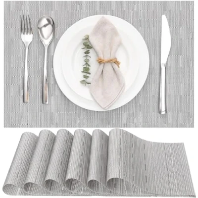 Afbeelding van Myir JUN Placemats van vinyl, wasbaar, antislip, hittebestendig, 30 x 45 cm, zilverkleurig, 6 stuks