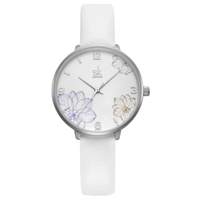 Afbeelding van Alienwork SK Dameshorloge met elegante bloemen, Zilver/Wit Paars/Wit Lederen Band