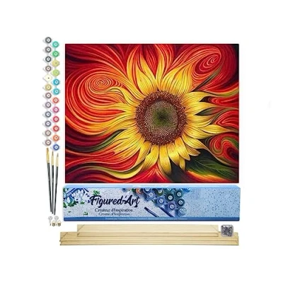 Afbeelding van Figured&#039;Art Schilderen op Nummer Volwassenen canvas Rode Zonnebloem Handwerk acrylverf Kit DIY Compleet 40x50cm met houten lijst