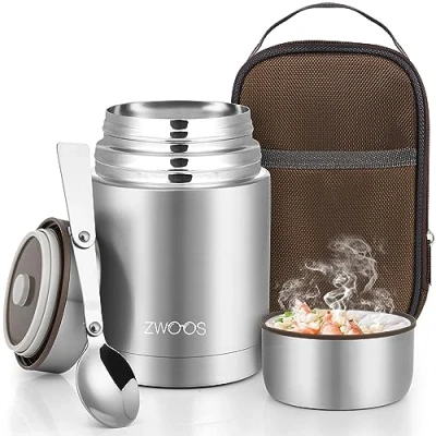 Afbeelding van ZWOOS 800 ml geïsoleerde lunchcontainer van roestvrij staal 316, lekvrij, met roestvrijstalen lepel, 12 uur warm, koud (zilver)
