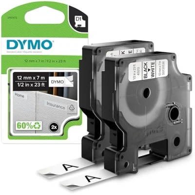 Afbeelding van DYMO Authentic D1 zelfklevende etiketten, zwarte opdruk op witte achtergrond, 12 mm x 7 m, voor LabelManager etikettenprinters, 2 etiketten