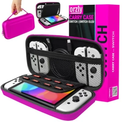 Image de Orzly Etui Rigide en EVA pour Nintendo Switch &amp; OLED Console Housse de Rangement Zippée Matériau Durable Anti Choc la et Ses Accessoires, Pink Carry