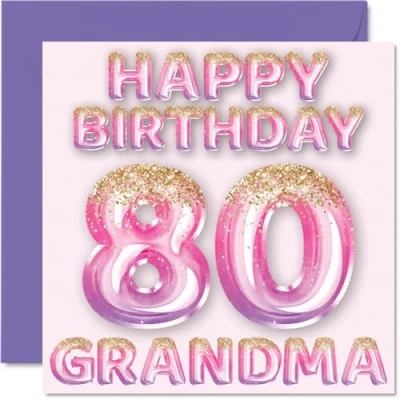 Afbeelding van 80e verjaardagskaart voor oma roze en paarse glitterballonnen verjaardagskaarten 80 jaar van kleinzoon kleindochter, 145 mm x