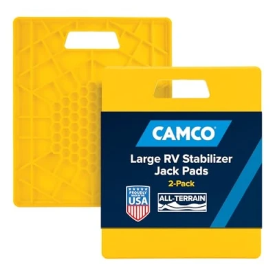 Afbeelding van Camco 44541 Set van 2 stabiliseringspads voor cilinders zonder handvat, helpt voorkomen dat krikken zinken, 35,6 x 30,5 cm, geel