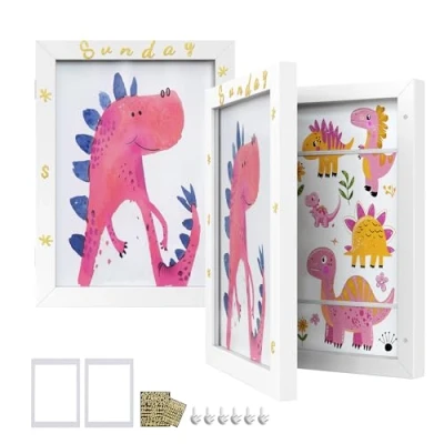 Afbeelding van SONGMICS Tekenlijst voor kinderen, fotolijst, A4, 22 x 28 cm, bevat tot 150 tekeningen, MDF, glas, achtergrond, stickers, streeploze punten, 34,5 25,5 mat wit RPF052W01