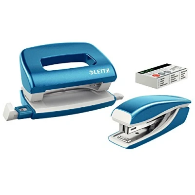 Afbeelding van Leitz 55612036 Mini Nietmachine En Perforeerset, 10 Vellen, P2 N10 Nietjes Meegeleverd, WOW, Metallic Blauw