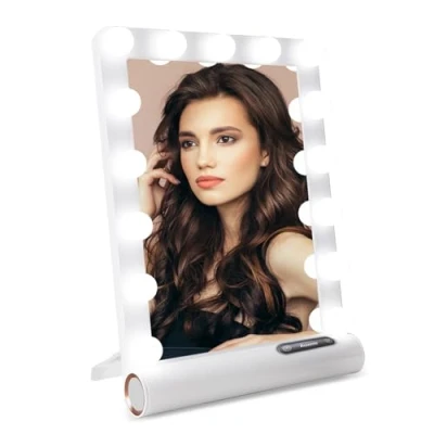 Afbeelding van Auxmir Hollywood make upspiegel, led verlichte upspiegel met 15 dimbare lampen, 3 kleuren voor kaptafel, grote professionele theaterspiegel