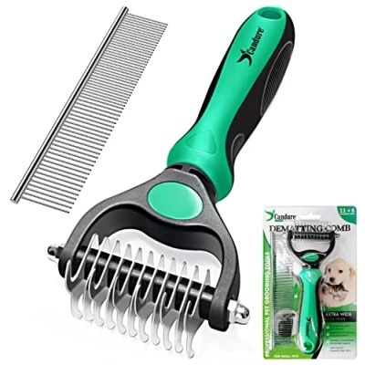Image de Candure Brosse Chien et Chat Professionnel Poil Long Toilettage du Râteau Dents à Double Face 11+6 Élimine Les Nœuds, Tapis Cheveux Emmêlé (Verde)