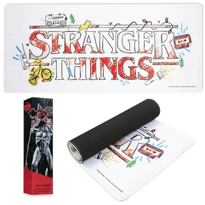 Afbeelding van Stranger Things muismat, XL, bureauonderlegger, 80 x 36 cm, bureauaccessoires, officiële tv serie (wit)