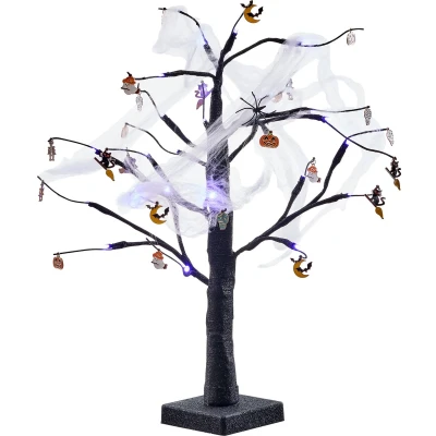Afbeelding van THE TWIDDLERS Zwarte Halloween Boom met Glitters (61cm) Spinnenwebben, Paarse LED Verlichting &amp; 24 Delige Hangende Boomversieringen Feest Tafeldecoratie