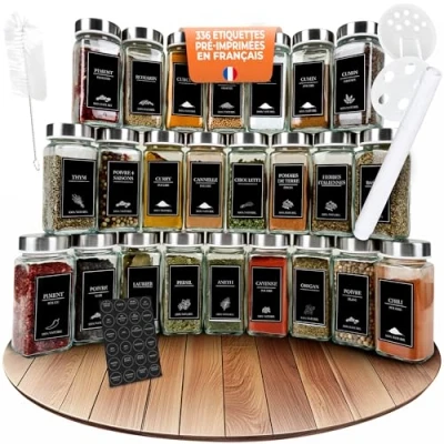 Afbeelding van COMFORDER Vierkante kruidenpotjes (24 stuks) met schenkdop en etiketten + trechter, glazen pot metalen deksel, 120 ml