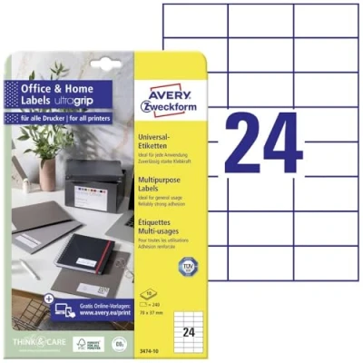 Afbeelding van Avery Zweckform Universele Etiketten, 70 X 37 Mm, Wit, Permanent Klevend, 240 10 Vellen Etiket
