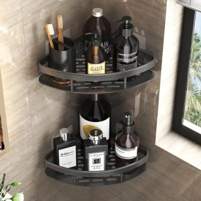 Afbeelding van Set van 2 doucheplanken zonder boren Zwart Driehoekig hoekrek Badkamerplank Voor badkamer, keuken, toilet