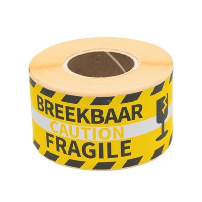 Afbeelding van Waarschuwingsetiket Rillprint fragile 46x125mm geel
