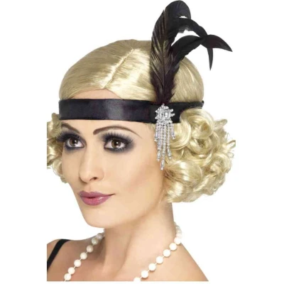 Afbeelding van Hoofdband zwart met veren Black Satin Charleston Headband