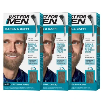 Afbeelding van Just For Men Baard &amp; Snor, baardverf voor heren, zonder ammoniak, verwijdert grijze haren, met applicatorkam, lichtbruin, M25 (3 stuks)