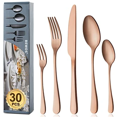 Afbeelding van BEWOS bestek set voor 6 personen, 30 delig titanium rosé verguld eetbestek incl. messen, vork, lepel, roestvrij staal, vaatwasmachinebestendig (mat verguld)
