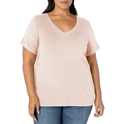Image de Amazon Essentials T shirt à manches courtes et col en V pour femme (disponible grande taille), rose clair, taille 6X