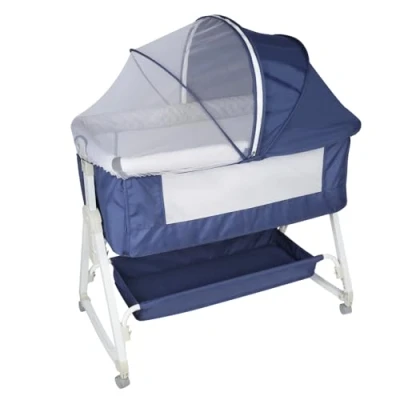 Afbeelding van 3 in 1 Berceau Cododo avec Matelas et Moustiquaire, lit de Voyage, bébé Portable roulettes, pour 6 Niveaux Hauteur réglable,92 * 52 106 118 cm bleu marine