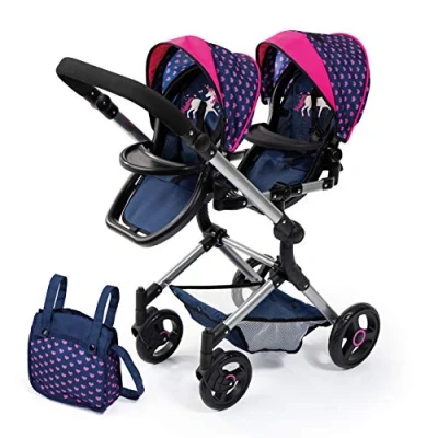 Afbeelding van Bayer Design 26254AA Tweeling kinderwagen voor poppen, dubbele kinderwagen, verstelbaar, opvouwbaar, geïntegreerde mand met schoudertas, blauw, roze, eenhoorn