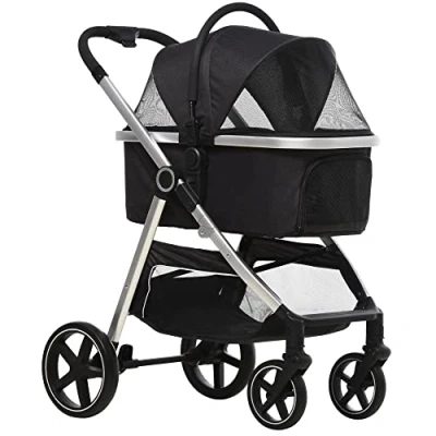 Afbeelding van PawHut 3 in 1 kinderwagen voor honden en katten, met autostoel, draagtas, kussen tot 15 kg, opvouwbaar, remmen, netvenster, veiligheidslijn, zwart