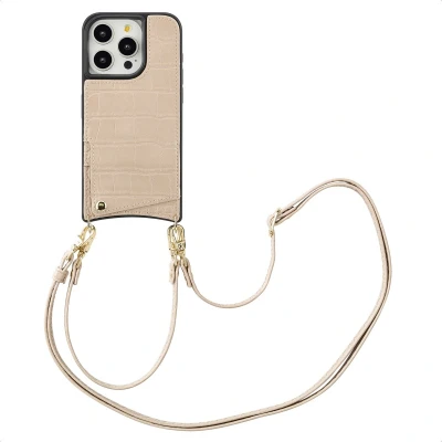 Afbeelding van Selencia Hoesje Geschikt voor iPhone 15 Pro met Pasjeshouder Nova Croco Backcover koord en pashouder Beige