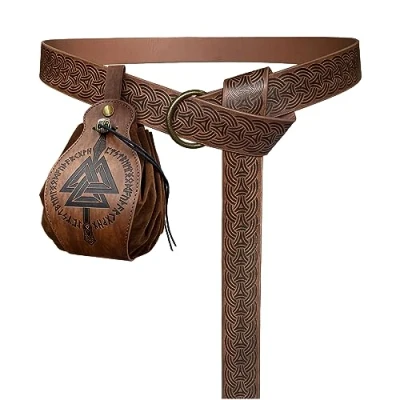 Afbeelding van HiiFeuer Middeleeuwse O ring riem met draagbare zak trekkoord, retro renaissance kunstleer en handtas voor LARP &amp; Ren Faire, Bruin B