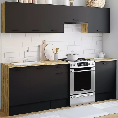 Afbeelding van Cuisine complète SUBTIL 240 cm avec plan de travail structure effet bois et façades noires 7 éléments