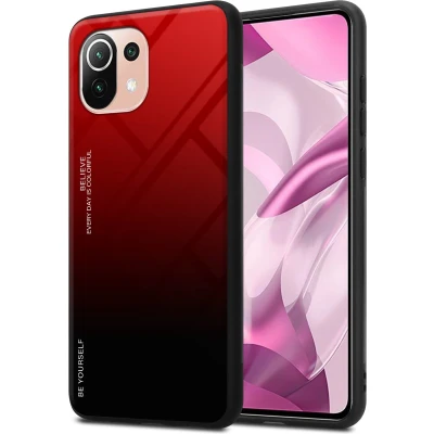 Afbeelding van Cadorabo Hoesje geschikt voor Xiaomi Mi 11 LITE (4G / 5G) NE in ROOD ZWART Tweekleurige beschermhoes van TPU silicone Case Cover en achterzijde gehard glas