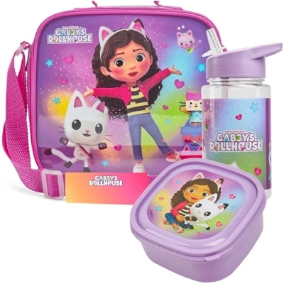 Afbeelding van Get Trend Gabby&#039;s Dollhouse Lunchset voor kinderen, 3 delig, koeltas met riem, broodtrommel en drinkfles, 400 ml, BPA vrij, school, picknick (Gabby&#039;s Dollhouse)