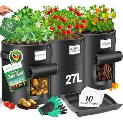 Afbeelding van KESSER® Set van 3 aardappelplantenzakken 27 liter Vlies met naamplaatjes venster en handgrepen Wasbaar handschoenen werkmat Zwart